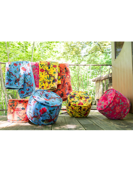 Pouf africain rond 40 cm en Velours de coton Bleu Motif oiseaux et fleurs Zyvo - 5