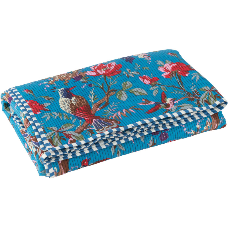 Plaid africain 130x180 en Velours de coton Bleu Motif oiseaux et fleurs Zyvo - 1