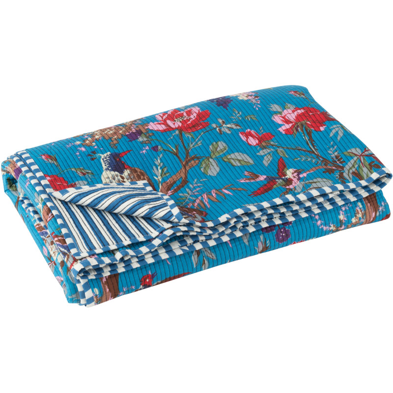 Plaid africain 130x180 en Velours de coton Bleu Motif oiseaux et fleurs Zyvo - 4