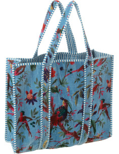 Sac Cabas africain 2 anses 45 cm en Velours de coton Bleu Motif oiseaux et fleurs Zyvo - 1