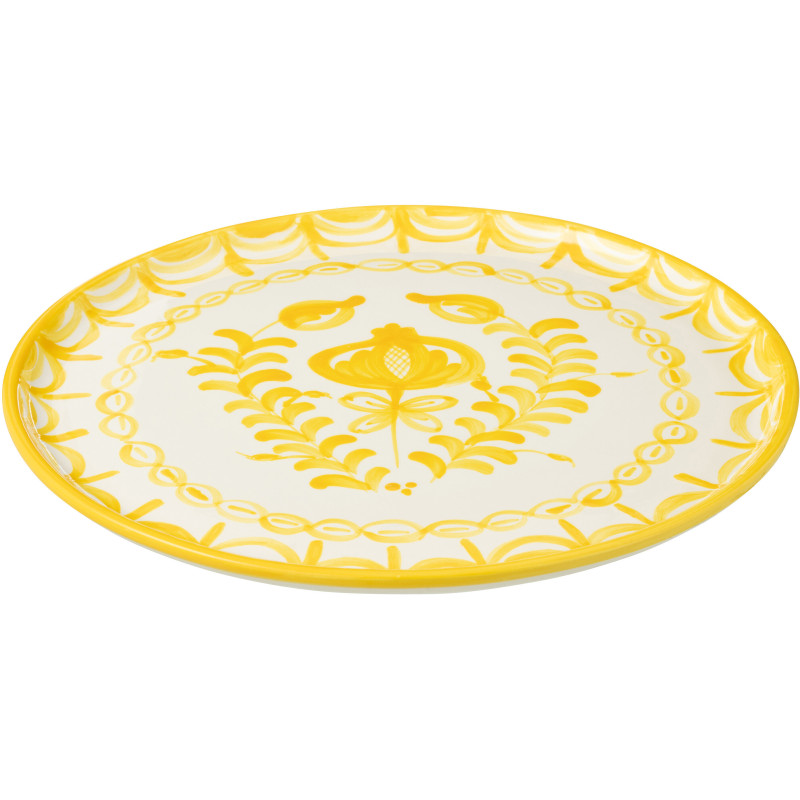 Grand Plat original rond 34 cm en Céramique Jaune Blanc Motif fleur Granada - 1