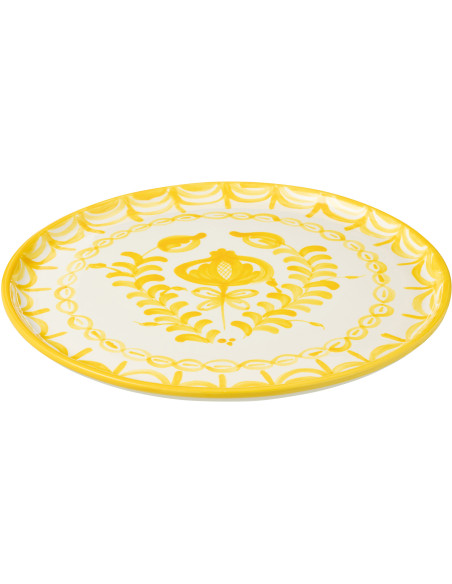 Grand Plat original rond 34 cm en Céramique Jaune Blanc Motif fleur Granada - 1