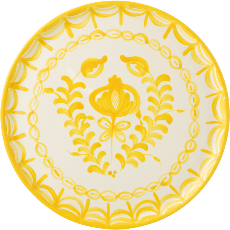 Grand Plat original rond 34 cm en Céramique Jaune Blanc Motif fleur Granada - 2