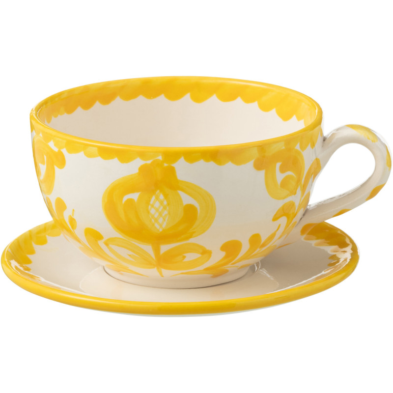 Tasse à thé avec soucoupe 500 ml en Céramique Jaune Blanc Motif fleur Granada - 1