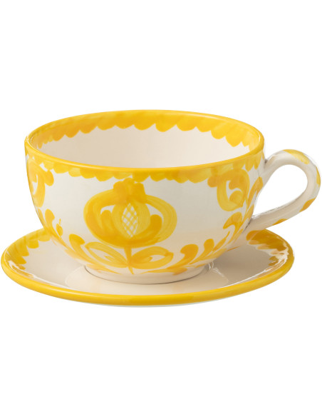 Tasse à thé avec soucoupe 500 ml en Céramique Jaune Blanc Motif fleur Granada - 1