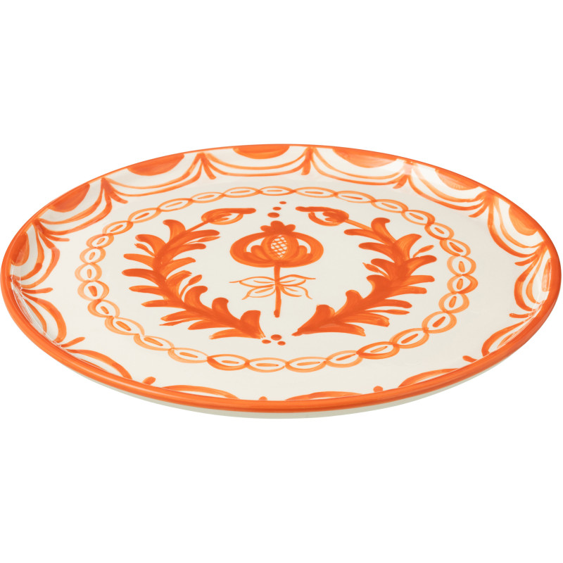Grand Plat original rond 34 cm en Céramique Orange Blanc Motif fleur Granada - 1