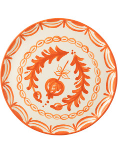 Grand Plat original rond 34 cm en Céramique Orange Blanc Motif fleur Granada - 1 2
