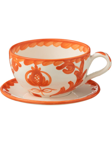Tasse à thé avec soucoupe 500 ml en Céramique Orange Blanc Motif fleur Granada - 1