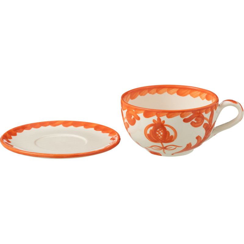 Tasse à thé avec soucoupe 500 ml en Céramique Orange Blanc Motif fleur Granada - 2