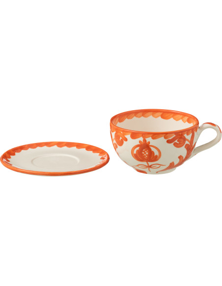 Tasse à thé avec soucoupe 500 ml en Céramique Orange Blanc Motif fleur Granada - 2