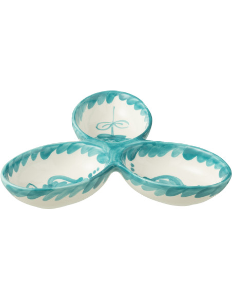 Plat à apéro 3 bols en Céramique Bleu aqua Blanc Motif fleur Granada - 1