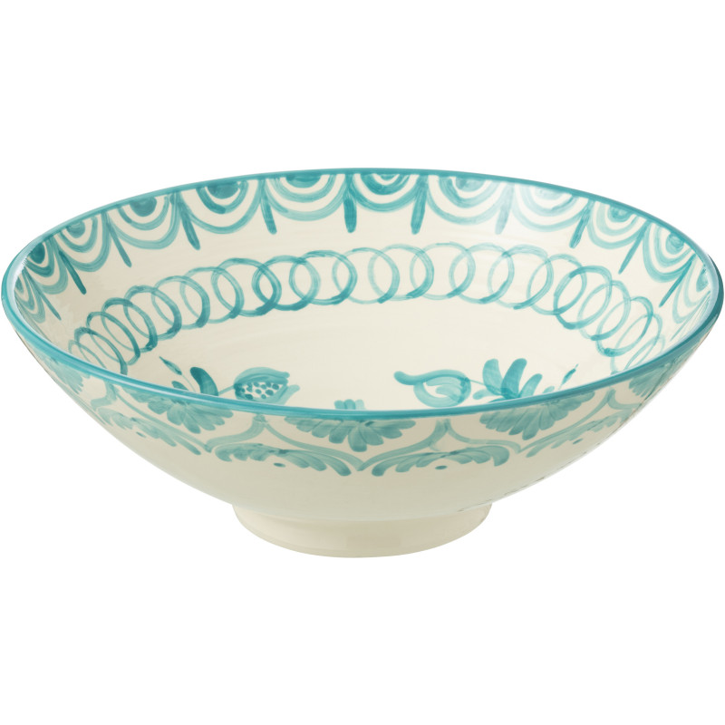 Grand Saladier rond 40 cm en Céramique Bleu aqua Blanc Motif fleur Granada - 1