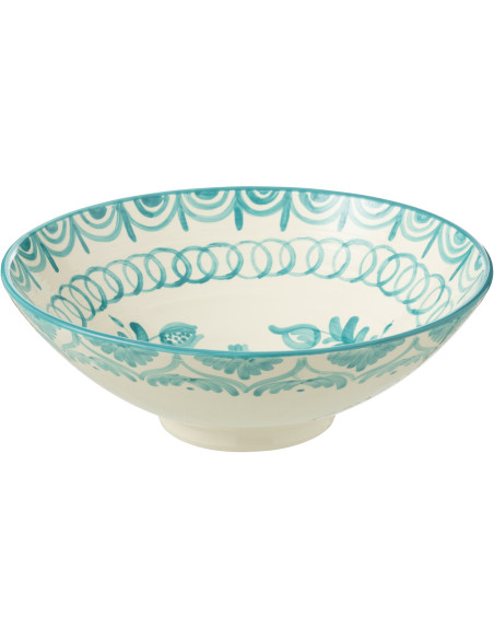 Grand Saladier rond 40 cm en Céramique Bleu aqua Blanc Motif fleur Granada - 1