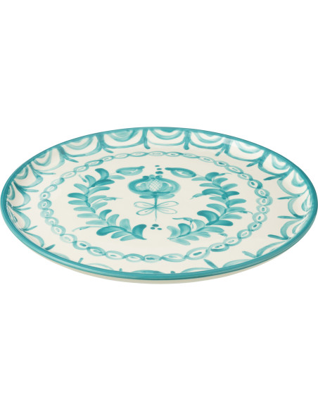 Grand Plat original rond 34 cm en Céramique Bleu aqua Blanc Motif fleur Granada - 1