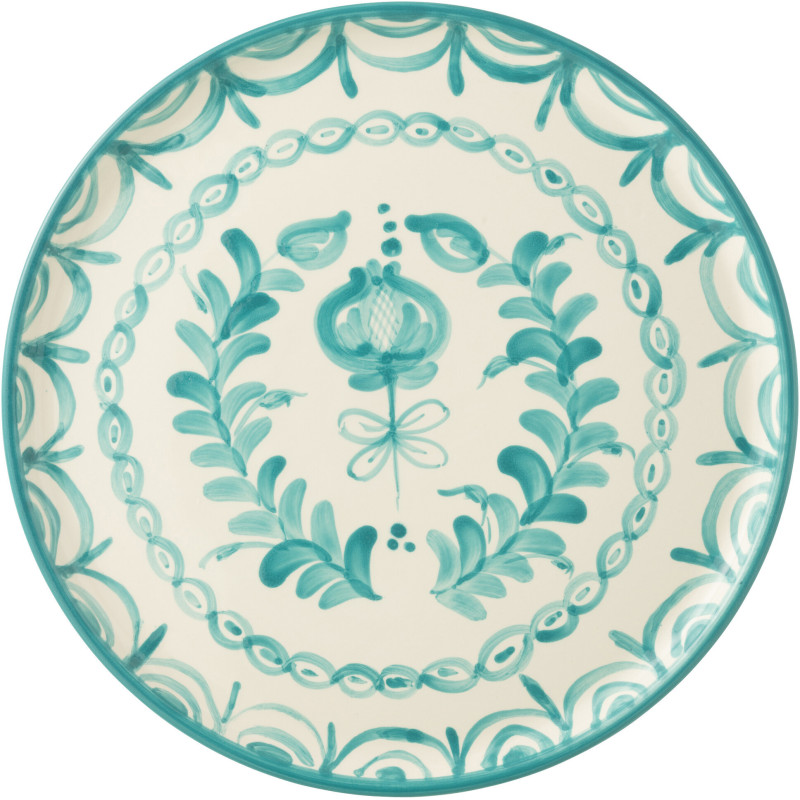 Grand Plat original rond 34 cm en Céramique Bleu aqua Blanc Motif fleur Granada - 2