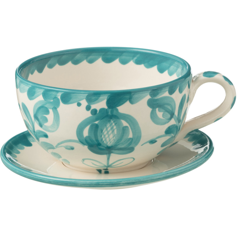 Tasse à thé avec soucoupe 500 ml en Céramique Bleu aqua Blanc Motif fleur Granada - 1