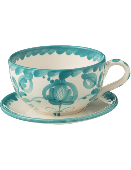 Tasse à thé avec soucoupe 500 ml en Céramique Bleu aqua Blanc Motif fleur Granada - 1