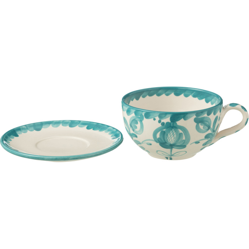 Tasse à thé avec soucoupe 500 ml en Céramique Bleu aqua Blanc Motif fleur Granada - 2