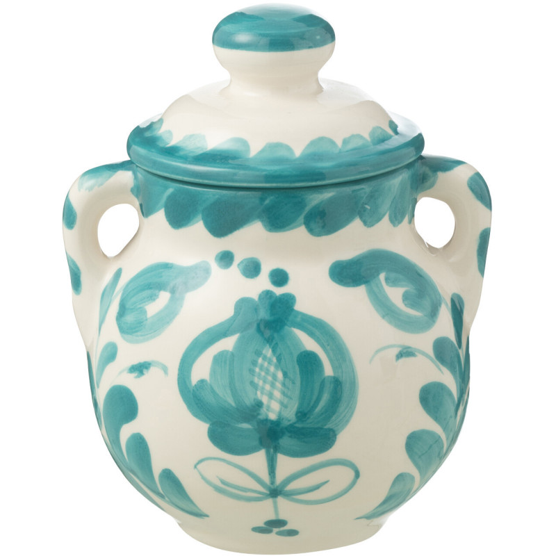 Pot de rangement avec couvercle Hauteur 21 cm en Céramique Bleu aqua Blanc Motif fleur Granada - 1