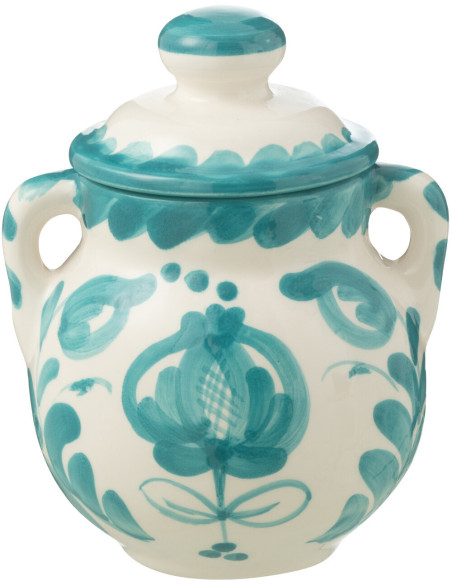 Pot de rangement avec couvercle Hauteur 21 cm en Céramique Bleu aqua Blanc Motif fleur Granada - 1