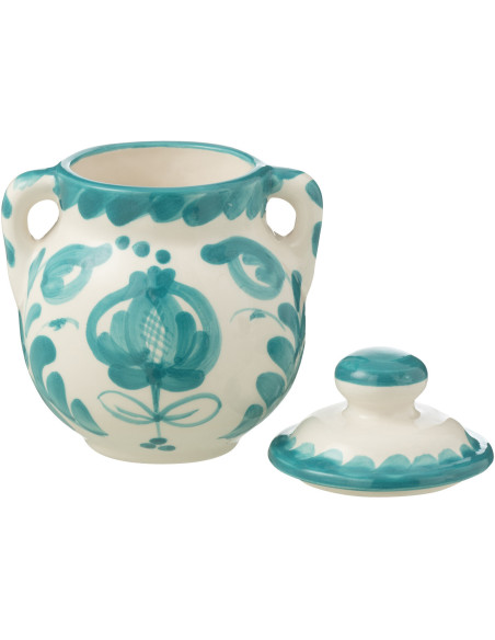 Pot de rangement avec couvercle Hauteur 21 cm en Céramique Bleu aqua Blanc Motif fleur Granada - 2