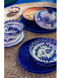 Plat à Tajine original 20 cm en Céramique Bleu cobalt Blanc Motif fleur Granada - 1 2
