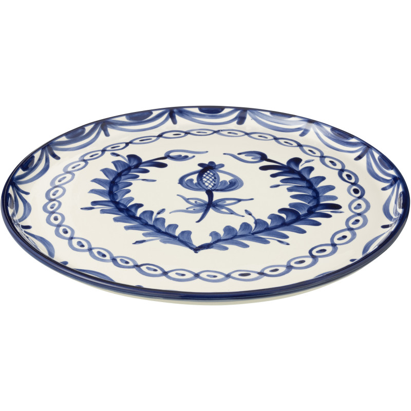 Grand Plat original rond 34 cm en Céramique Bleu cobalt Blanc Motif fleur Granada - 1