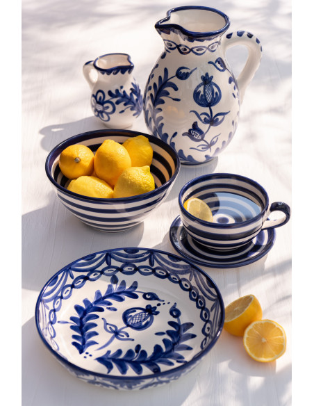 Grand Plat original rond 34 cm en Céramique Bleu cobalt Blanc Motif fleur Granada - 2