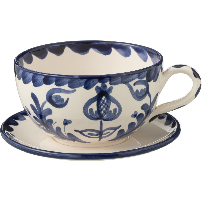Tasse à thé avec soucoupe 500 ml en Céramique Bleu cobalt Blanc Motif fleur Granada - 1