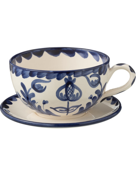 Tasse à thé avec soucoupe 500 ml en Céramique Bleu cobalt Blanc Motif fleur Granada - 1
