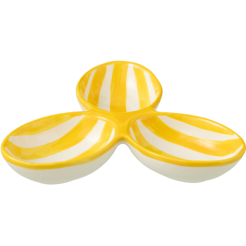 Plat à apéro 3 bols en Céramique Jaune Blanc Motif lignes Granada - 1