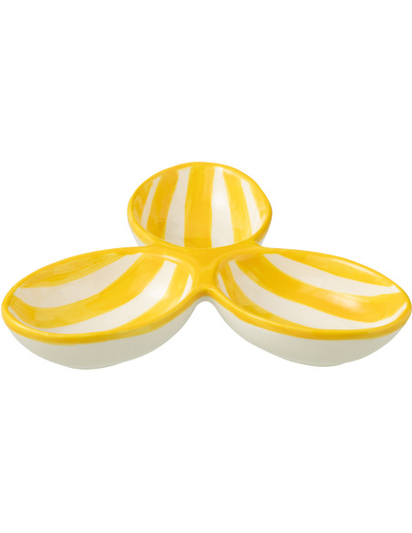Plat à apéro 3 bols en Céramique Jaune Blanc Motif lignes Granada - 1