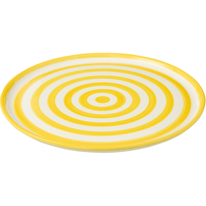 Grand Plat original rond 34 cm en Céramique Jaune Blanc Motif lignes Granada - 1