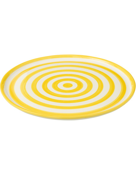 Grand Plat original rond 34 cm en Céramique Jaune Blanc Motif lignes Granada - 1