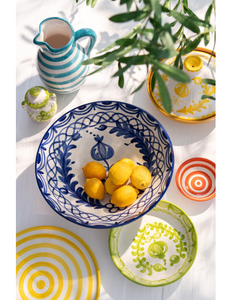 Grand Plat original rond 34 cm en Céramique Jaune Blanc Motif lignes Granada - 2