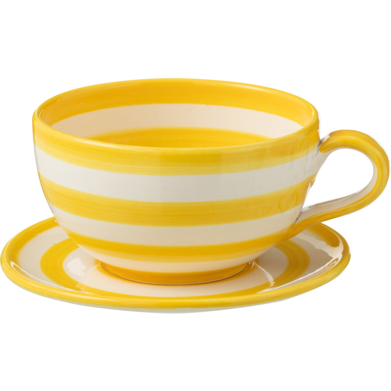 Tasse à thé avec soucoupe 500 ml en Céramique Jaune Blanc Motif lignes Granada - 1