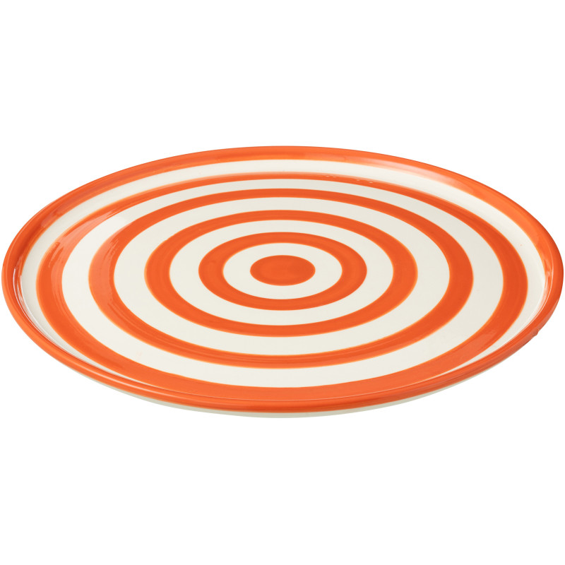 Grand Plat original rond 34 cm en Céramique Orange Blanc Motif lignes Granada - 1