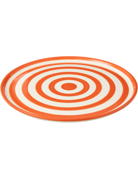 Grand Plat original rond 34 cm en Céramique Orange Blanc Motif lignes Granada - 1