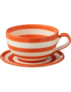 Tasse à thé avec soucoupe 500 ml en Céramique Orange Blanc Motif lignes Granada - 1
