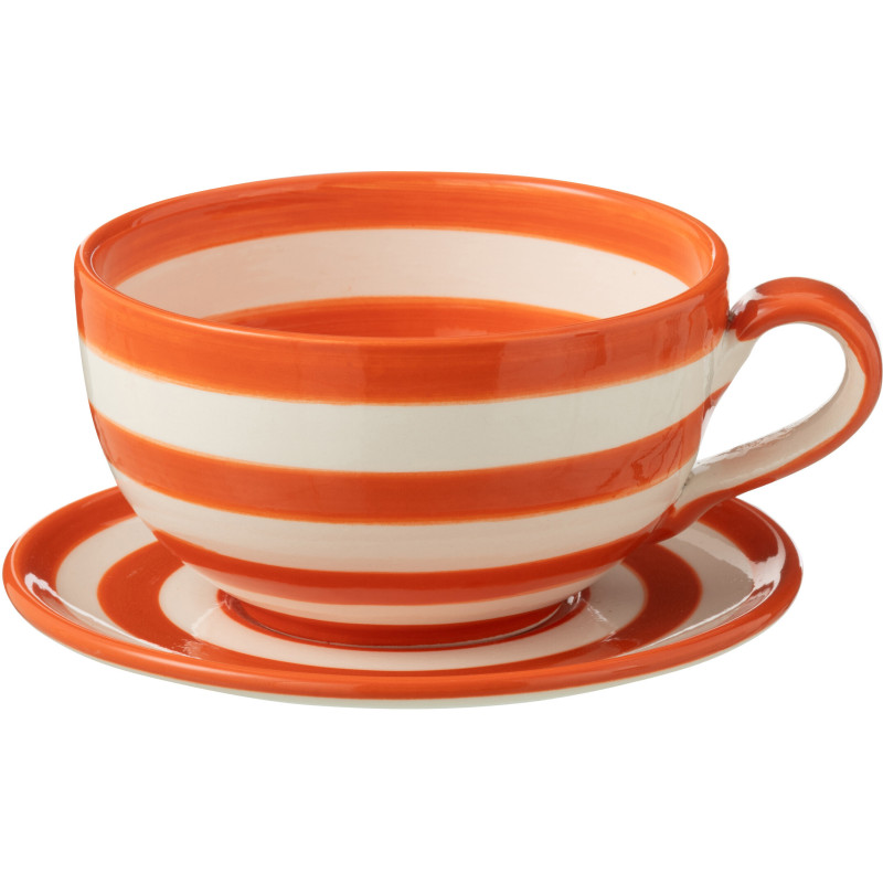 Tasse à thé avec soucoupe 500 ml en Céramique Orange Blanc Motif lignes Granada - 1