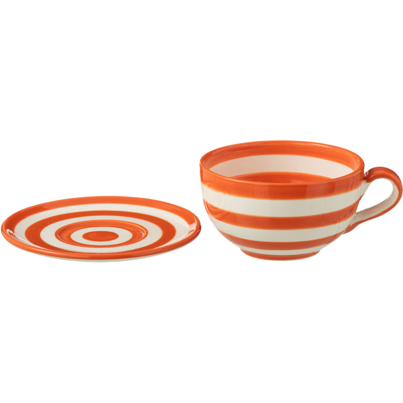 Tasse à thé avec soucoupe 500 ml en Céramique Orange Blanc Motif lignes Granada - 2