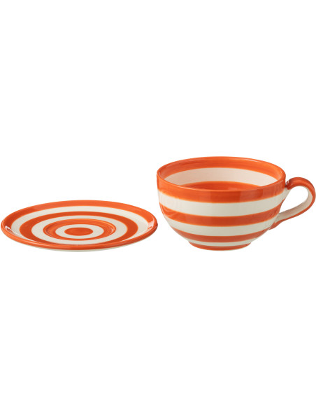 Tasse à thé avec soucoupe 500 ml en Céramique Orange Blanc Motif lignes Granada - 2