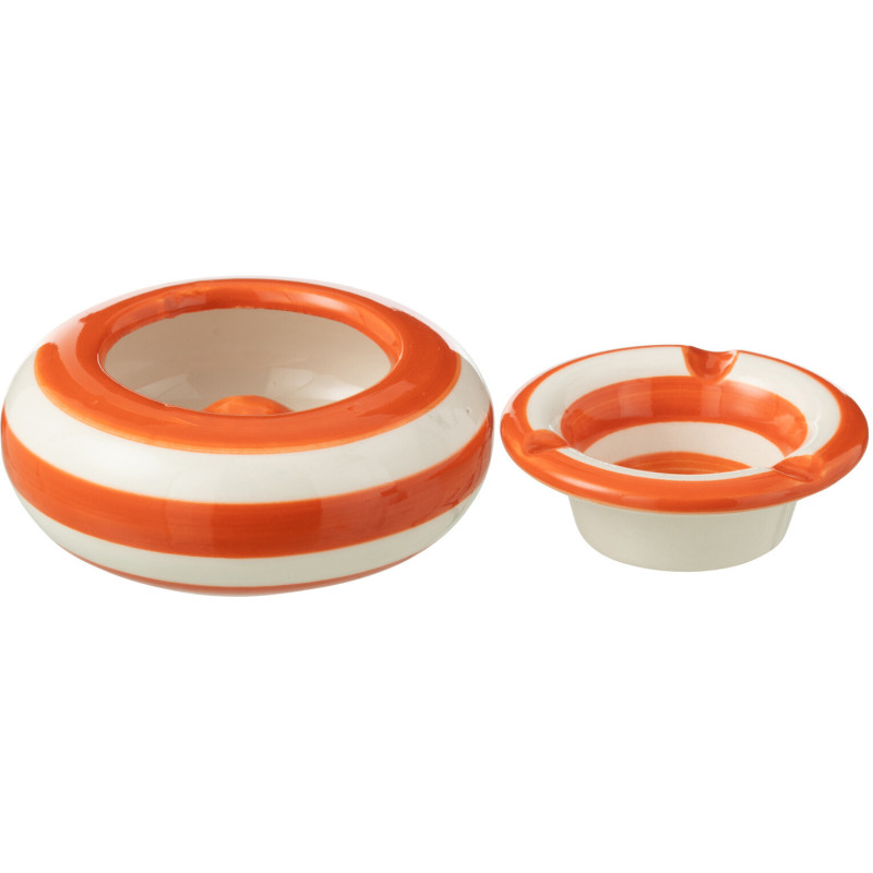 Petit Cendrier original 11 cm en Céramique Orange Blanc Motif lignes Granada - 2