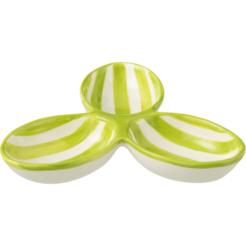 Plat à apéro 3 bols en Céramique Vert Blanc Motif lignes Granada - 1