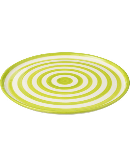 Grand Plat original rond 34 cm en Céramique Vert Blanc Motif lignes Granada - 1