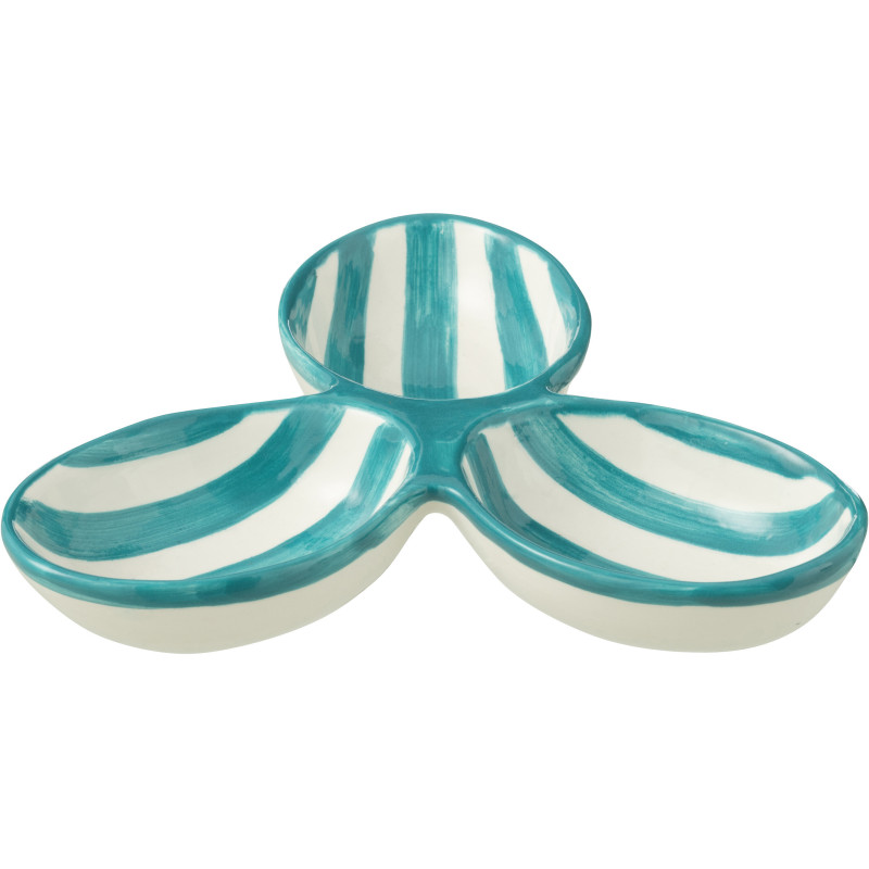 Plat à apéro 3 bols en Céramique Bleu aqua Blanc Motif lignes Granada - 1