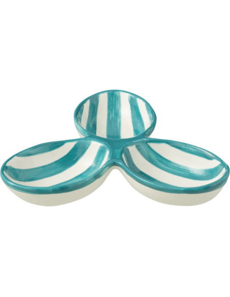 Plat à apéro 3 bols en Céramique Bleu aqua Blanc Motif lignes Granada - 1