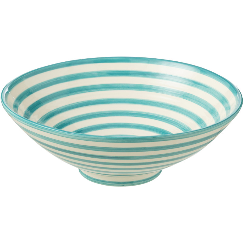 Grand Saladier rond 40 cm en Céramique Bleu aqua Blanc Motif lignes Granada - 1