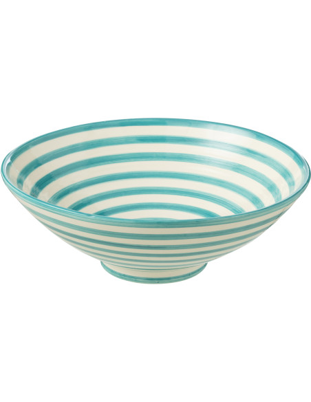 Grand Saladier rond 40 cm en Céramique Bleu aqua Blanc Motif lignes Granada - 1