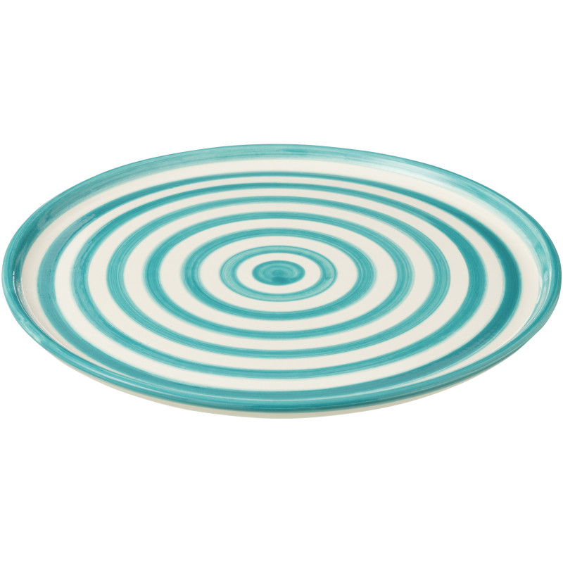 Grand Plat original rond 34 cm en Céramique Bleu aqua Blanc Motif lignes Granada - 1
